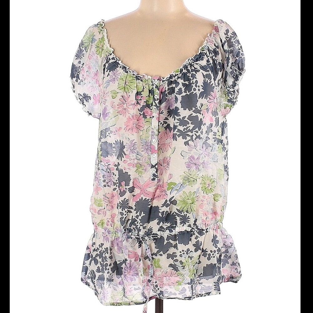 J. Peterman Multi Floral Short Sleeve Blouse S
